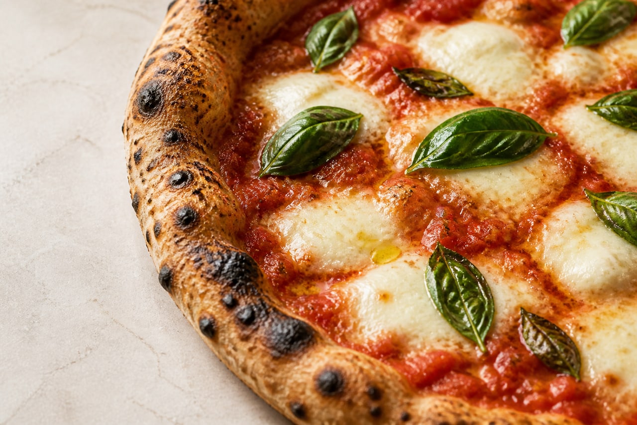 Stämningsbild av en napolitansk margheritapizza med basilika