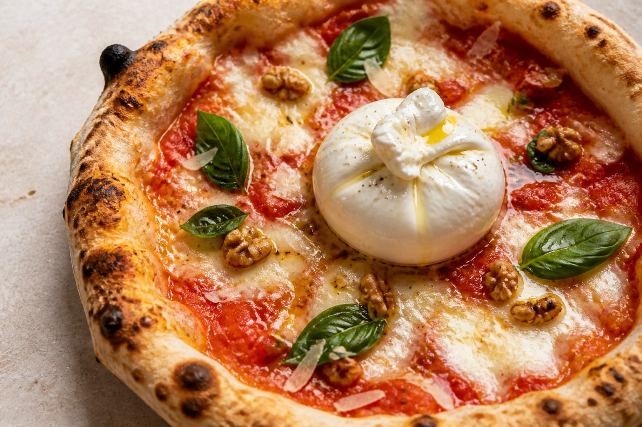 Stämningsbild av pizza med burrata, basilika och valnötter
